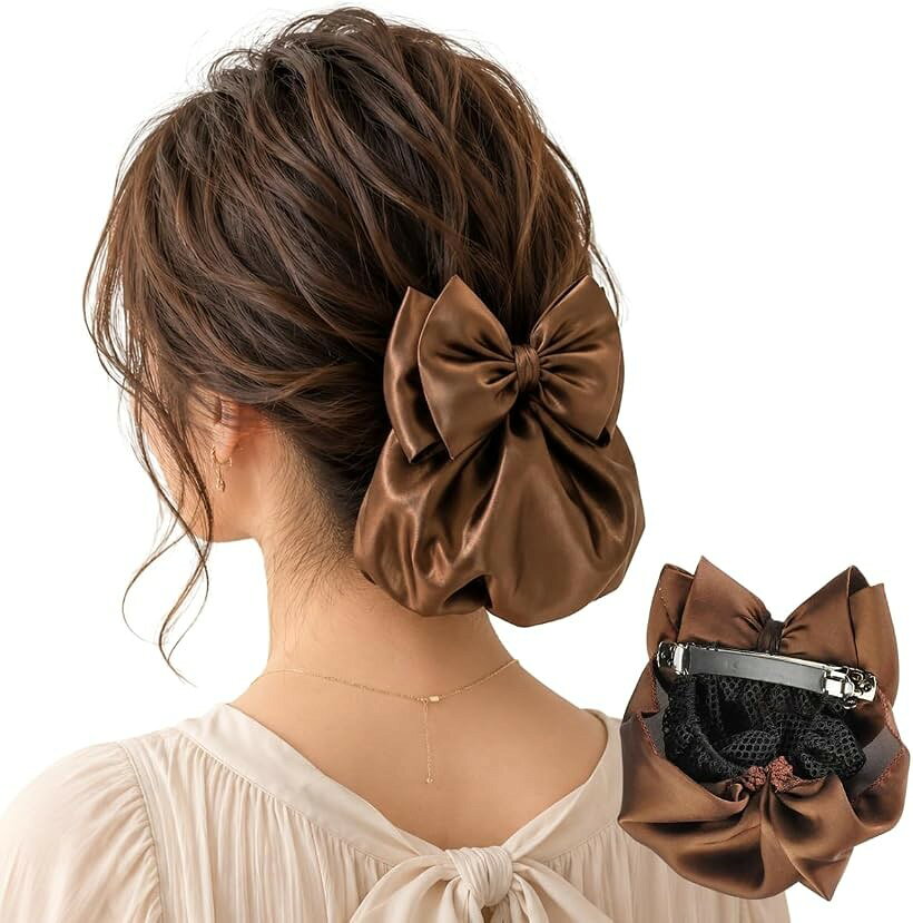 シニヨンネット お団子ネット ネット付きバレッタ サテンリボン まとめ髪 ヘアアクセサリー 就活 オフィス 冠婚葬祭 (ブラウン)