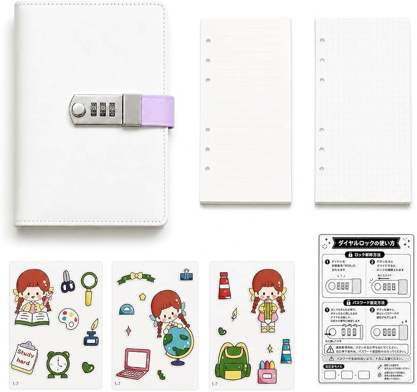 バリエーションコード : 2bktl3xc2t商品コード2bktl30dsv商品名鍵付きノート A6 ダイヤルロック 日記帳 6穴リング リフィル交換式 PUレザー 日本語説明書付きブランドHYmishカラーシンプルセット/パープル「見られたくない内容を自分らしく管理」3桁ダイヤルロック付きのA6鍵付きノートです。日記、メモ、勉強計画、推し活記録、交換日記など、見られたくない内容をまとめたいときに便利です。鍵を持ち歩く必要がないダイヤル式で、かわいさと実用性を両立しました。「リフィル交換できる6穴リング式」6穴リング式なので、ページの追加・入れ替え・整理がしやすい仕様です。横罫リフィルと方眼リフィルが付属しており、日記や予定管理、アイデアメモ、勉強ノートなど用途に合わせて使い分けできます。「日本語説明カード付き」初期番号、ロックの開け方、番号設定方法を確認できる日本語説明カード付きです。初めてダイヤルロック式のノートを使う方や、お子さまへのプレゼントにも使いやすいように、分かりやすさを重視しました。＊設定した番号は忘れないようご注意ください。「選べる2タイプ」シンプルに使いたい方には「シンプルセット」、日記デコや推し活を楽しみたい方には「デコセット」がおすすめです。デコセットにはステッカー、ペン、透明ジッパーポーチ、カラーインデックスなどが付属し、届いてすぐにかわいくアレンジできます。「やさしいパステルカラー」ピンク、ブルー、パープルの3色展開。白を基調にしたPUレザーカバーと淡いカラーの留め具で、子どもから大人まで使いやすいデザインです。誕生日、入学祝い、卒業祝い、クリスマス、友達やお孫さんへのプレゼントにもおすすめです。※ 他ネットショップでも併売しているため、ご注文後に在庫切れとなる場合があります。予めご了承ください。※ 品薄または希少等の理由により、参考価格よりも高い価格で販売されている場合があります。ご注文の際には必ず販売価格をご確認ください。※ 沖縄県、離島または一部地域の場合、別途送料の負担をお願いする場合があります。予めご了承ください。※ お使いのモニタにより写真の色が実際の商品の色と異なる場合や、イメージに差異が生じることがあります。予めご了承ください。※ 商品の詳細（カラー・数量・サイズ 等）については、ページ内の商品説明をご確認のうえ、ご注文ください。※ モバイル版・スマホ版ページでは、お使いの端末によっては一部の情報が表示されないことがあります。すべての記載情報をご確認するには、PC版ページをご覧ください。見られたくない日記やメモを、自分らしくまとめられるA6サイズの鍵付きノートです。3桁ダイヤルロック付きなので、鍵を持ち歩かずに使用できます。白を基調にしたPUレザーカバーに、淡いパステルカラーの留め具を合わせた、かわいく上品なデザインです。6穴リング式のため、リフィルの追加や入れ替えがしやすく、日記、推し活記録、勉強計画、パスワードメモ、交換日記など幅広い用途に使えます。横罫リフィルと方眼リフィルが付属しているため、文章を書きたいときにも、予定やアイデアを整理したいときにも便利です。初めての方でも使いやすいように、日本語説明カードを同梱しています。ロックの開け方や番号設定方法を確認できるので、お子さまへのプレゼントにもおすすめです。セットは、必要なものをすっきりまとめた「シンプルセット」と、ステッカーやペン、透明ポーチなどが付いた「デコセット」の2種類。自分用にはもちろん、誕生日、入学祝い、卒業祝い、クリスマス、友達へのプレゼントにも使いやすい鍵付きノートです。＊設定した番号を忘れないようご注意ください。＊ステッカーの柄は入荷時期により異なる場合があります。＊サイズは手作業採寸のため、多少の誤差が生じる場合があります。