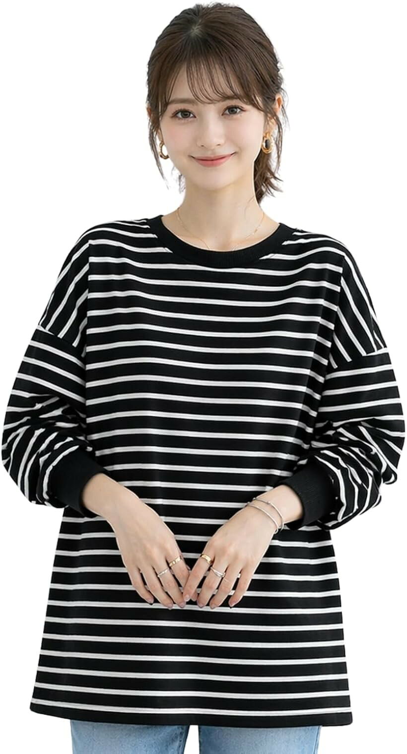 ボーダー 長袖tシャツ レディース ゆったり 体型カバー トップス ロングtシャツ カットソー ドロップショルダー クルーネック 大きめ 春 秋 着痩せ ボーダートップス (ブラック, L)