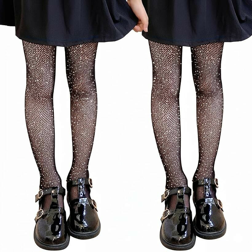 キッズ タイツ ガールズ ストッキング 2足セット スパンコール 網タイツ 女の子 ソックス キラキラ レース 靴下 パンスト レギンス メッシュ かわいい おしゃれ きれい パーティ ラメ 発表会 (ブラック, 130-160)