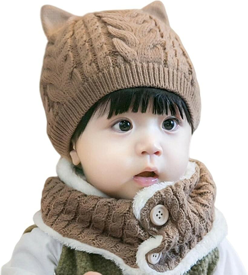 ミャオッティベビーニット帽子 ネックウォーマーセット 赤ちゃん 新生児 冬 耳付き...