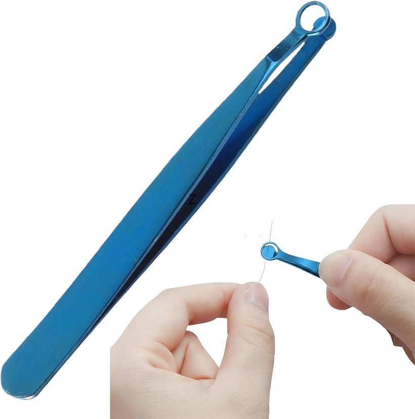 毛抜きピンセット丸先x視認リングステンレス製 9.7cm 13g 洗える 眉毛 鼻毛 とげ抜き (ブルー)