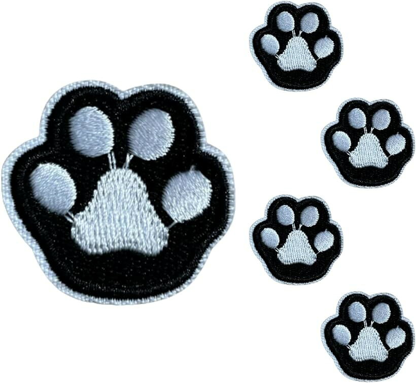 ワッペン シールタイプ 小さめ 刺繍 猫 肉球 足あとモチーフ 5枚セット 全14種 アップリケ (J.ブラックxホワイト, 約3.3x3.3cm)