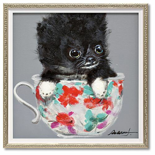 オイル ペイント アート ティーカップドッグ2 S アートポスター 額付 動物画 可愛い 犬 インテリア 雑貨 取寄品 マシュマロポップ