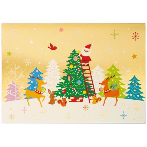 グリーティングカード CHRISTMAS クリスマスカード JX3-1 金地ツリーに飾りつけるサンタたち サンリオ ギフト雑貨 Xmasカード メール便可 マシ...