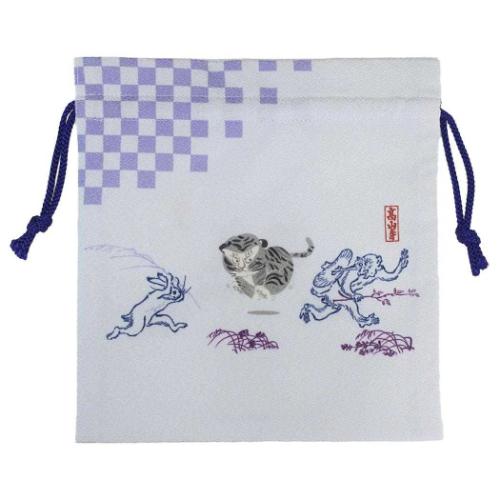 巾着袋 鳥獣戯画Xトラりん 巾着M 格子 マリモクラフト 小物入れ メール便可 マシュマロポップのサムネイル