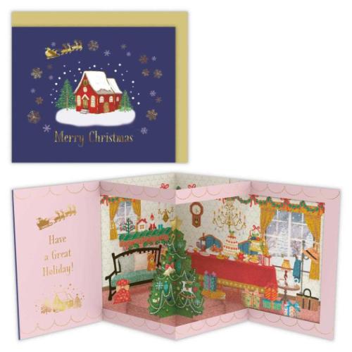 クリスマスカード 飾って楽しめるカード 立体カード ネイビークリスマスハウス 日本ホールマーク Xmas メッセージカード メール便可 マシュマロポップ