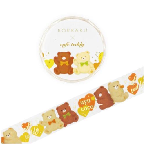マスキングテープ ROKKAKU x cafe teddy 15mm マステ ウユココ フタバ テディベア　箔押し 手帳デコ デ..