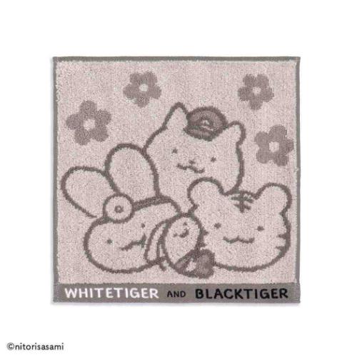 ミニタオル ホワイトタイガーとブラックタイガー フルフィーコットン無撚糸タオルハンカチ ピンク うさ..