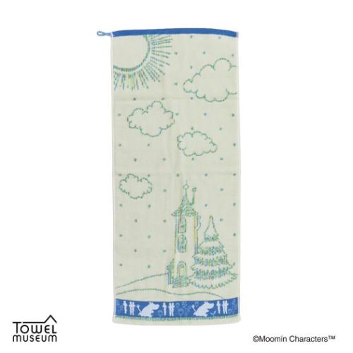 ロングタオル ムーミン 残糸フルフィーコットンフェイスタオル 外でお散歩.eco ブルー 北欧 タオル美術..