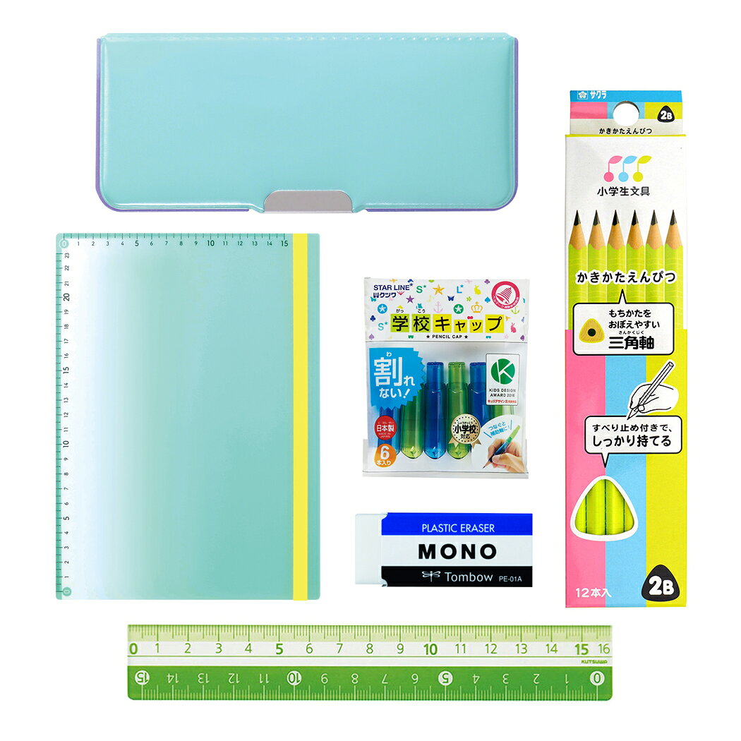 文具セット 6点セット ピッタントン筆箱 / えんぴつ / 鉛筆キャップ / 下敷き / 消しゴム / 定規 ギフトセット 緑色 ミント mm-pop-10429015 ガールズ雑貨通販マシュマロポップ パッケージ画像