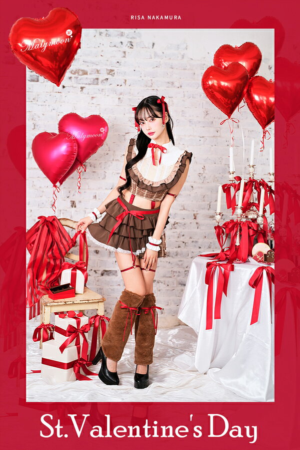 [正規品](即納)【中村里砂着用】アイドル アイドル衣装 バレンタイン チェック柄 フリル リボン ブラウン レッド ベージュ 赤 茶 ミニスカ ハート レディース 大人 女性 ハロウィン malymoon マリームーン【9900】 mmc2012-10004844 DreamyDoll サンプル画像3