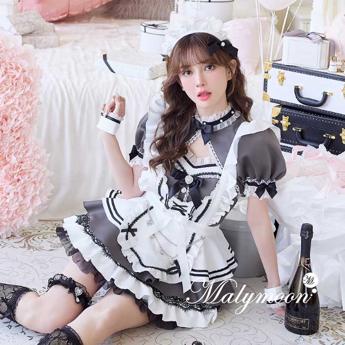 [正規品](即納)コスプレ メイド ウエイトレス グレー 王道 デコルテ開き フリル レディース 大人 女性 malymoon マリームーン【CS25183】