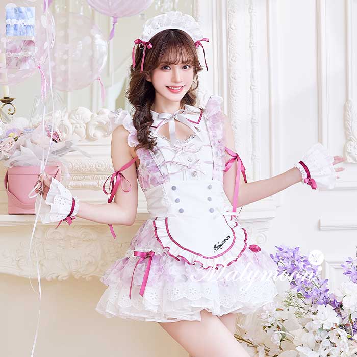 [正規品](即納)コスプレ メイド ウエイトレス 花 パステル 水彩 ノースリーブ レディース 大人 女性 malymoon マリームーン【CS25189】