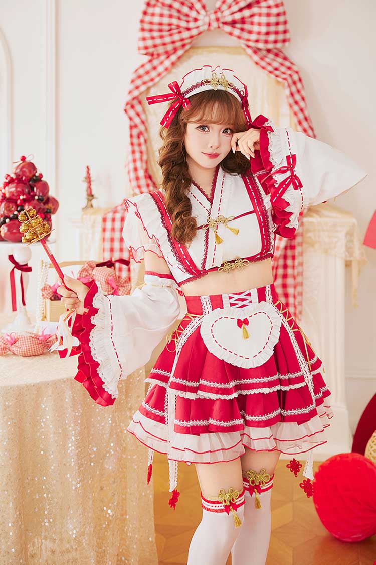 [正規品](即納)コスプレ 新年 巫女 メイド 家政婦 レッド ピンク セットアップ フリル フレアスリーブ ハート 可愛いコスプレ マリームーン Malymooon【CS25197】 3