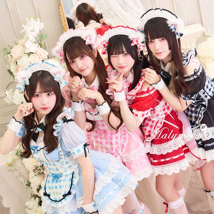 [正規品]【予約】メイド ウエイトレス アイドル ブルー ライトブルー ピンク レッド ブラック チェック きゅるして きゅるりんってしてみて お揃い 可愛い 女性 レディース 一式 マリームーン malymoon【CS25224】