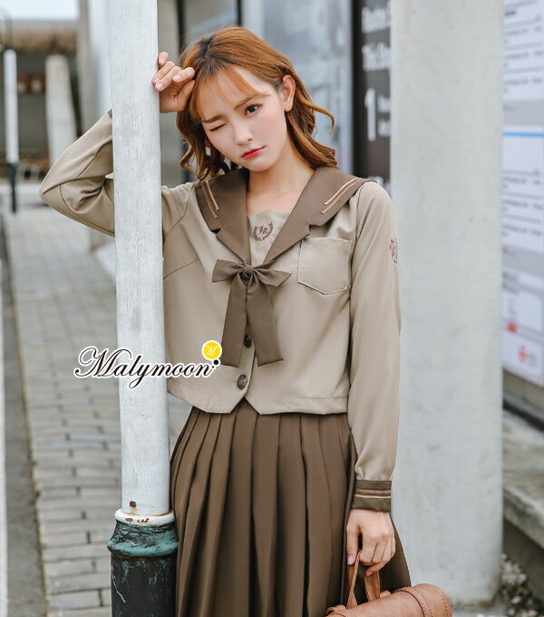 【Mサイズのみ即納】コスプレ 制服 女子高生 セーラー服 JK 長袖 茶色 ベージュ コスプレ 衣装 コスチューム 仮装 トップス スカート コスプレ衣装 コス 可愛いコスプレ プリーツ スカート ミニスカ 文化祭 学園祭 【6738】