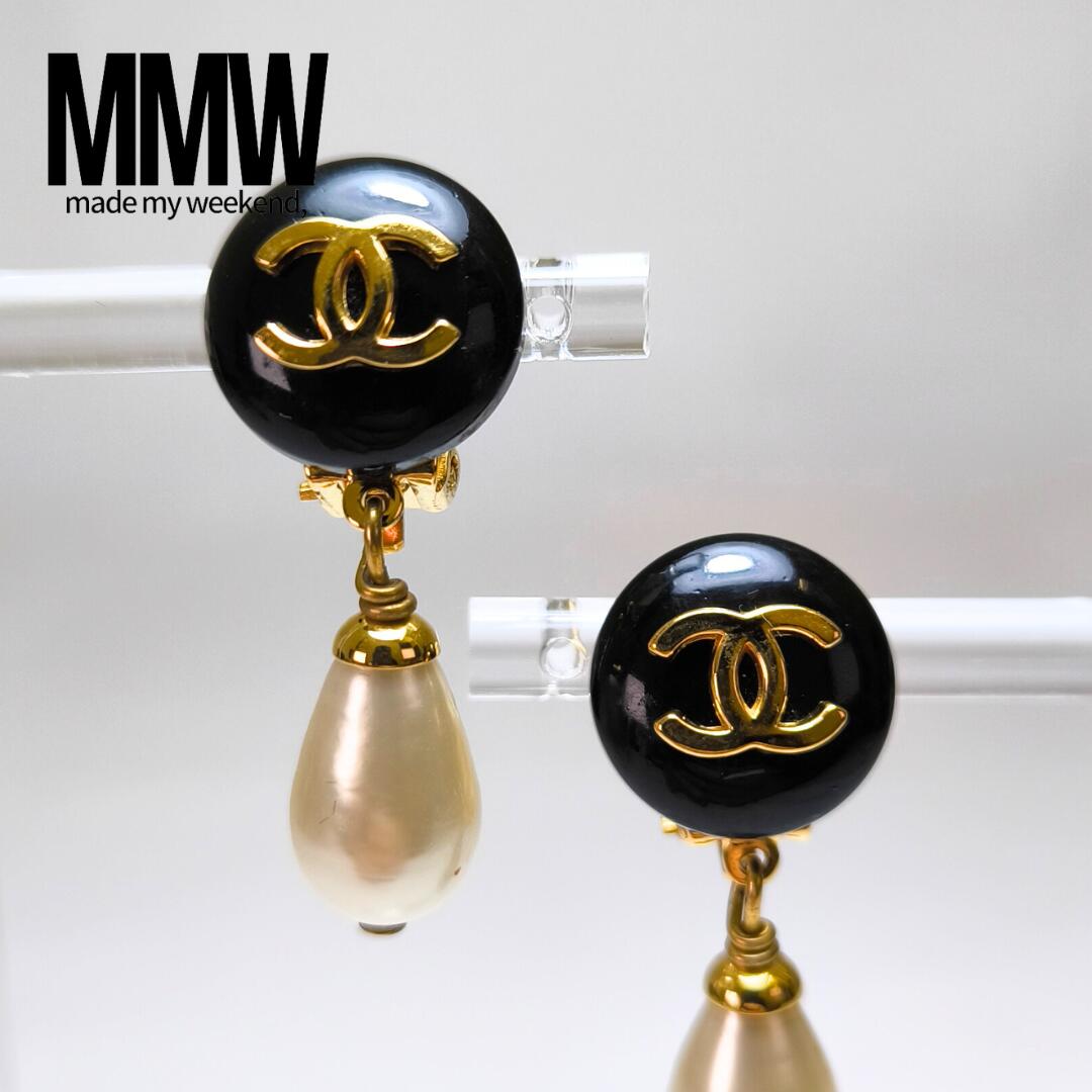 【ショップOPEN記念★ポイント10倍】CHANEL シャネル ココマーク 95A イヤリング 両耳用 GP フェイクパール ブラック ゴールド レディース ヴィンテージ アクセサリー 箱付 Aランク 超美品(4)