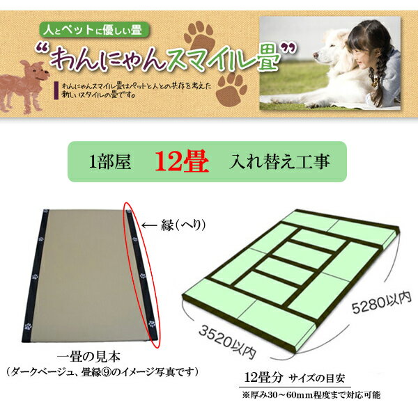 【ペット用畳】わんにゃんスマイル畳●縁(ヘリ)付き●12畳入替工事(一畳物×12枚)