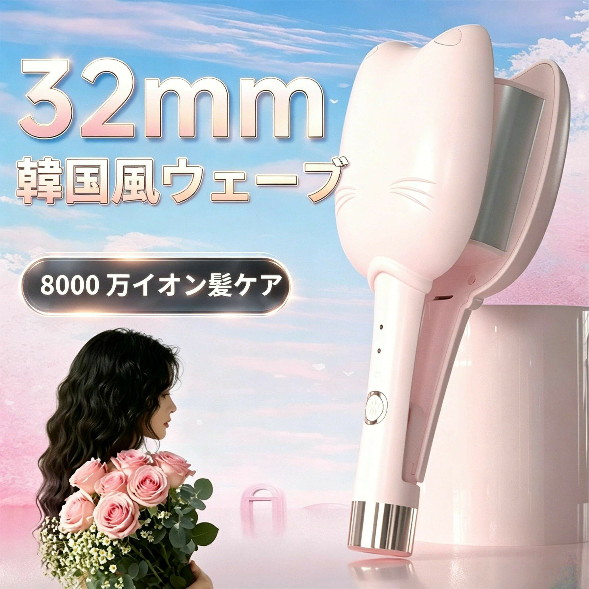 【2026新発売★】ネコ形ヘアアイロン カール ウェーブアイロン 32mm 挟むだけで可愛い カールアイロン 実現 160℃〜210℃ 千万級マイナスイオン吹出 やけど防止 初心者向けカールアイロン プレゼントも最適 海外対応