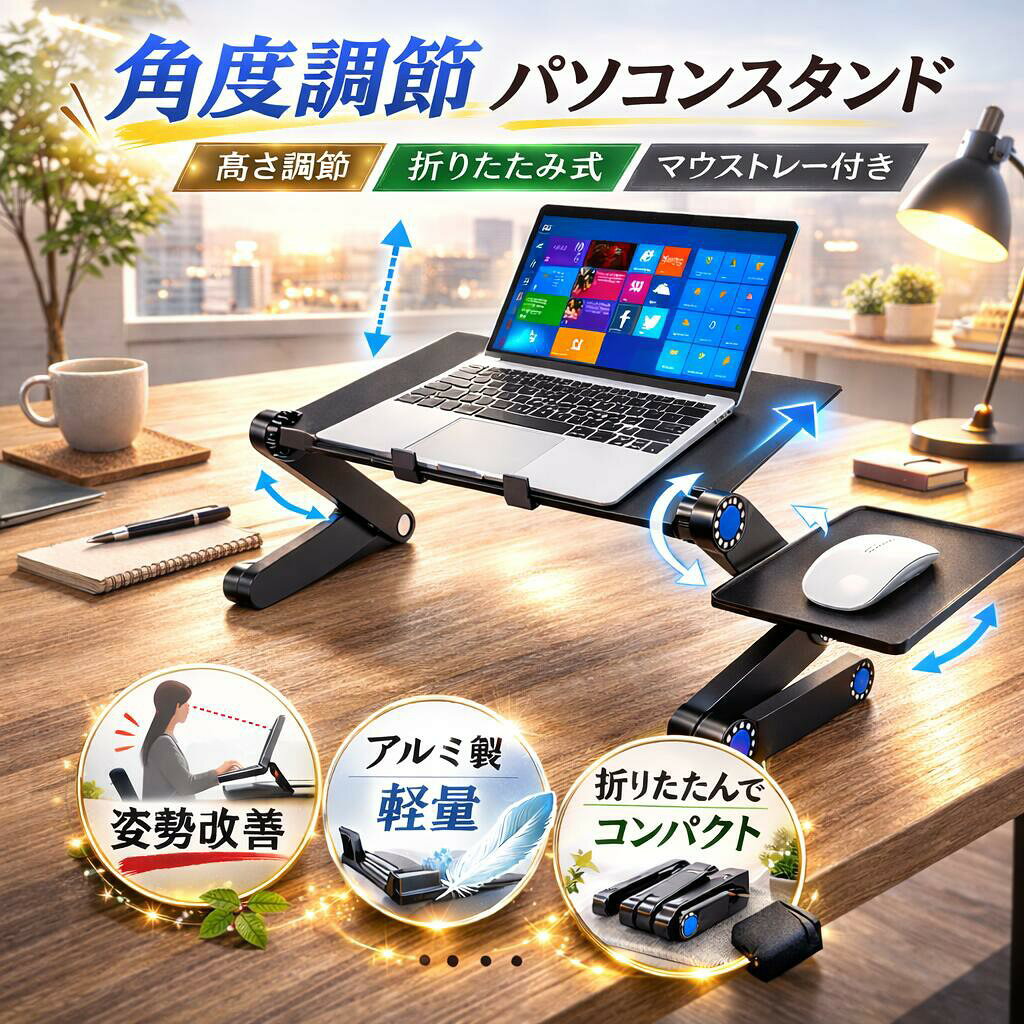 パソコンスタンド 折りたたみ アルミ ノート 回転 折り畳み 角度調節 高さ調節 おしゃれ ノートパソコンスタンド PCスタンド テレワーク PCホルダー コンパクト 持ち運び 寝ながら パソコンテーブル 姿勢 矯正 ラップトップスタンド タブレットスタンド ノートPCスタンド mnshoten-osaka-10066807 MN商店 パッケージ画像