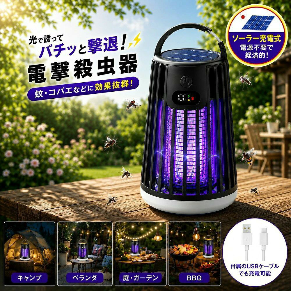 電撃殺虫器 蚊取り 捕殺器 ソーラー充電 USB充電 2WAY LED表示 屋外 アウトドア対...