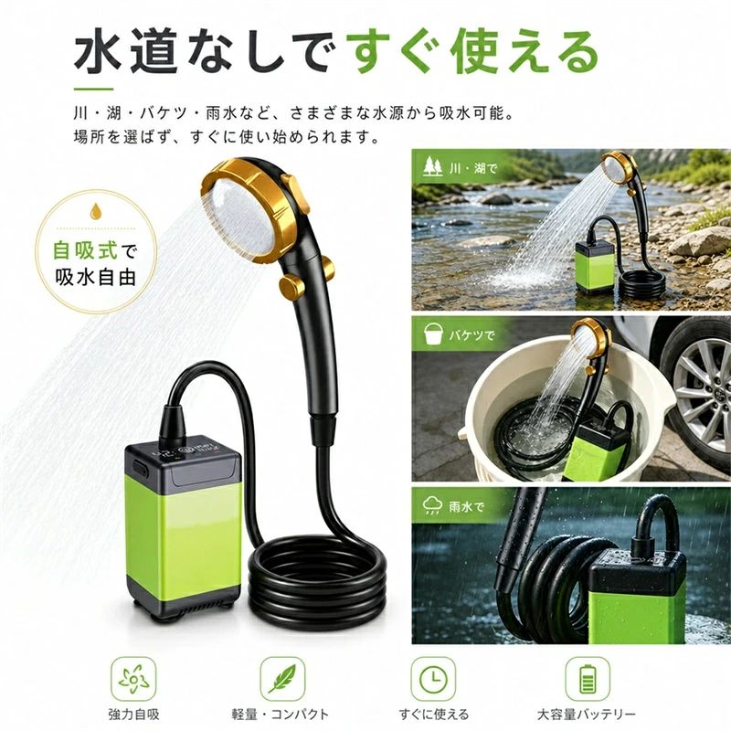 【新発売】全画面表示＆精度向上 ！ポータブルシャワー 温水 電動シャワー 簡易シャワー お風呂 2電源 ポータブルシャワー アウトドア シャワー USB充電 6000mAh /9600mAh シャワー 節水 無段階調節 釣り 海水浴 洗車 防災グッズ mnshoten-osaka-10068248 MN商店 サンプル画像2