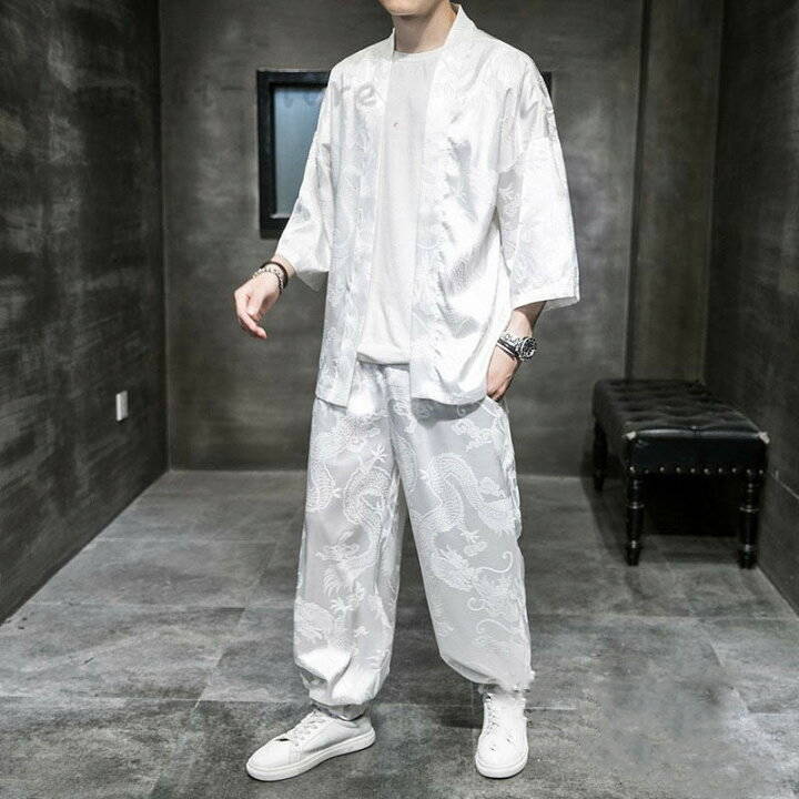 上下セット セットアップ甚平 7分袖じんべい メンズ麻 夏着物 浴衣夏祭り 刺繍スウェットセット 花火大会リネンジャージ サルエルパンツ