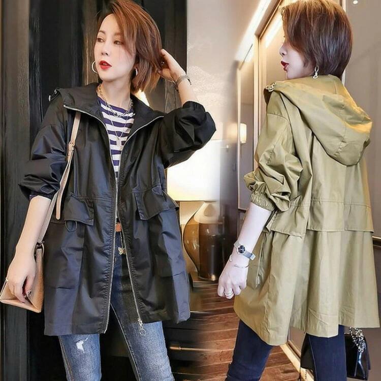 大きいサイズ 秋服 スプリングコート 50代 ミディアム丈ジャケット ライトアウター 韓国風 40代 春コート 40代 30代 レディース トレンチコート フード付きバーカー
