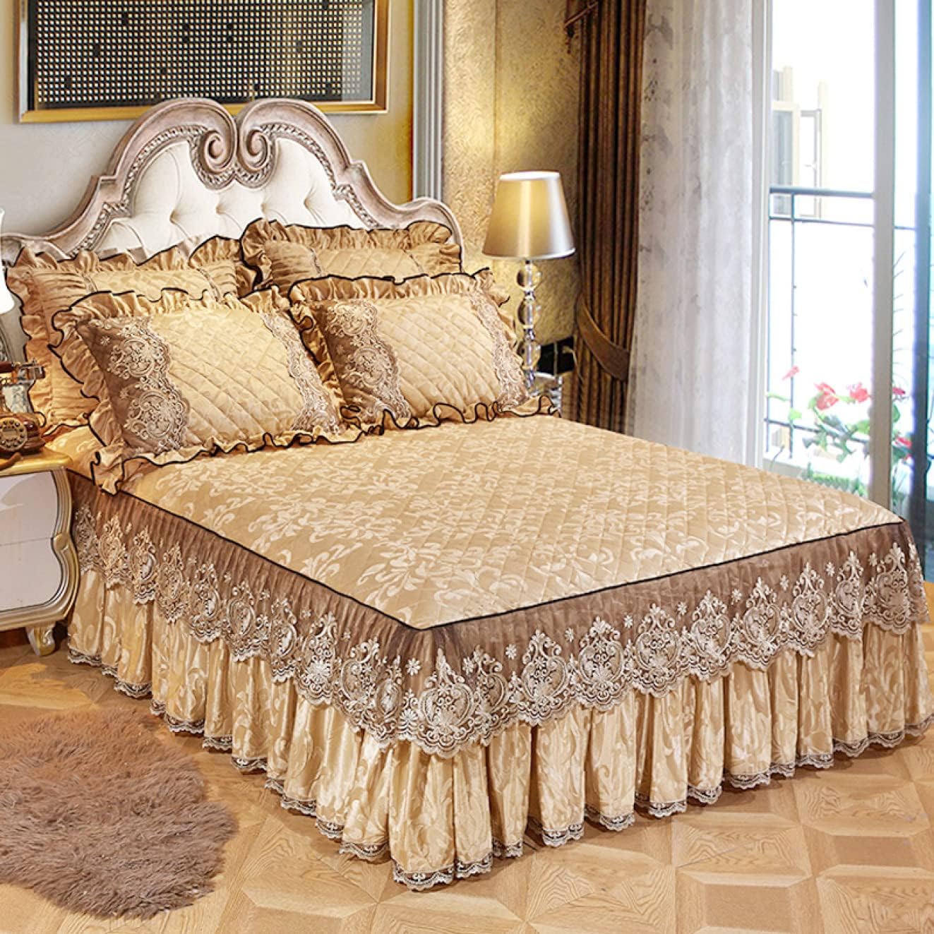 肌触り良い 寝具カバー シングル ベッドスカート 厚手 レース付ベッドカバー タイプ ダブル ゴム付き ..