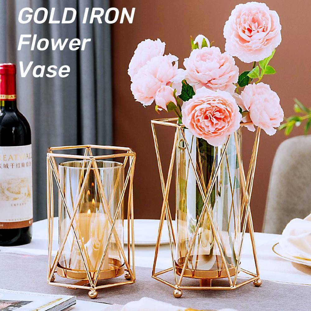円柱 生花 花器 モダン ドライフラワー 可愛い アイアン シンプル ガラス花瓶 ガラス フラワーベース ゴールド 北欧 かわいい 幾何学デザイン インテリア ペン立て 花瓶 おしゃれ ガラス瓶