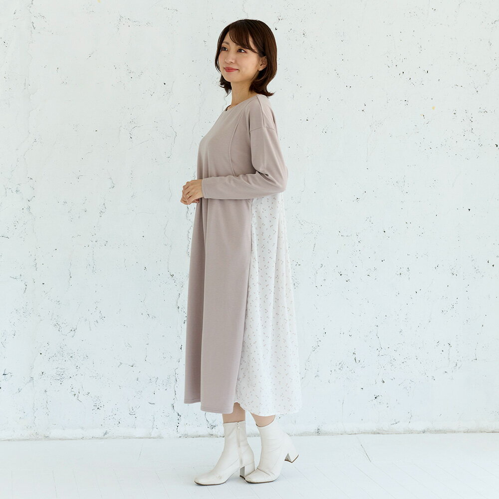 【期間限定20%ポイント還元】【試着対象】授乳服 バックプリント切替ワンピース《モーハウス 授乳服 マタニティウェア ワンピース 長袖 サイドスリットタイプ授乳口 洗濯機OK 日本製 授乳しやすい マタニティ 秋冬 授乳服のモーハウス》 2