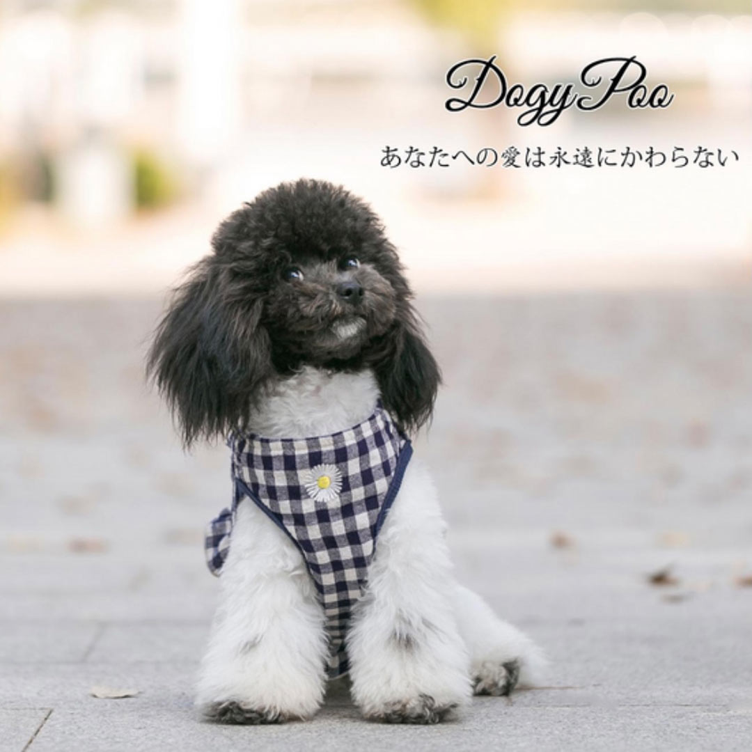 犬用ハーネス　犬用首輪　犬用　ハーネス　リードセット　おしゃれ　DogyPoo　ウェアタイプ　チェック　花刺繍　ベージュ　ブルー　小型犬　中型犬　春　夏