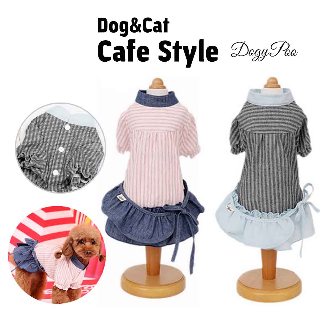 犬 服 犬服 夏服 おしゃれ 着せやすい 犬の服 ペット服 DogyPoo デニム スカート ワンピース ストライプ シャツ 前開き スナップボタン カフェ 春服 秋服 袖あり 散歩着 デニム ジーンズ 小型…