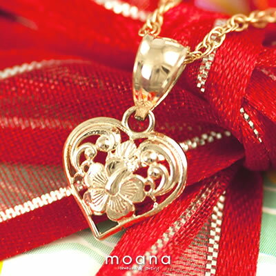 ハワイアンジュエリー ネックレス レディース ハート 透かし彫り ハイビスカス ネックレス 可愛い 彼女 妻 プレゼント 大人 K14 ゴールドネックレス 14...