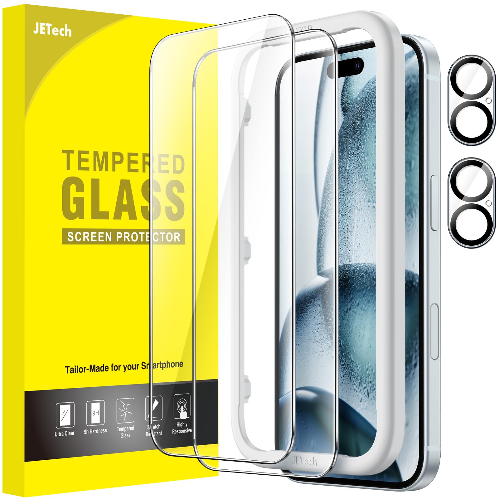 JETech iPhone 16 6.1インチ用 液晶保護フィルム+カメラレンズフィルム ガイド枠付き 強化ガラス製 HDクリア 2枚+2枚セット