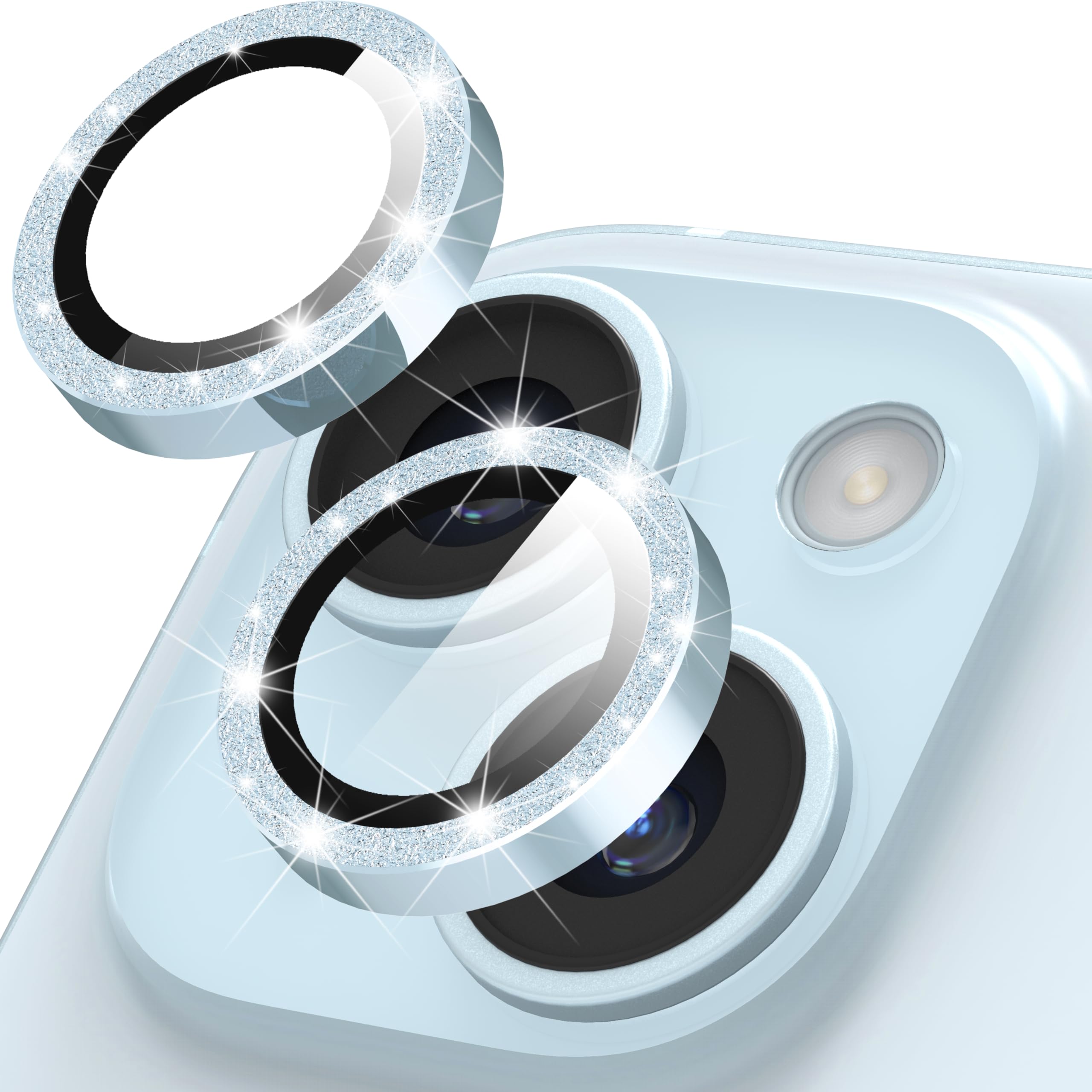 Suoman for iPhone 15/15 Plusカメラレンズプロテクター、9h強化ガラスカメラカバー、アイフォン15/15プラスに対応したフラキラキラパウダーレンズプロテクター-青