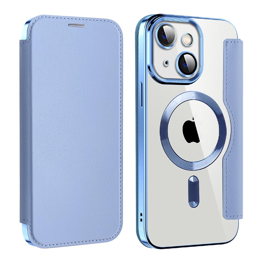 MuZiF iPhone 15 用 ケース 手帳型 Magsafe対応 クリア 背面 透明 高級なPUレザー 永久磁石 マグネット スマホケース カード収納、人気財布型 カバー 軽量 アイフォン15 用 手帳カバー (ブルー)