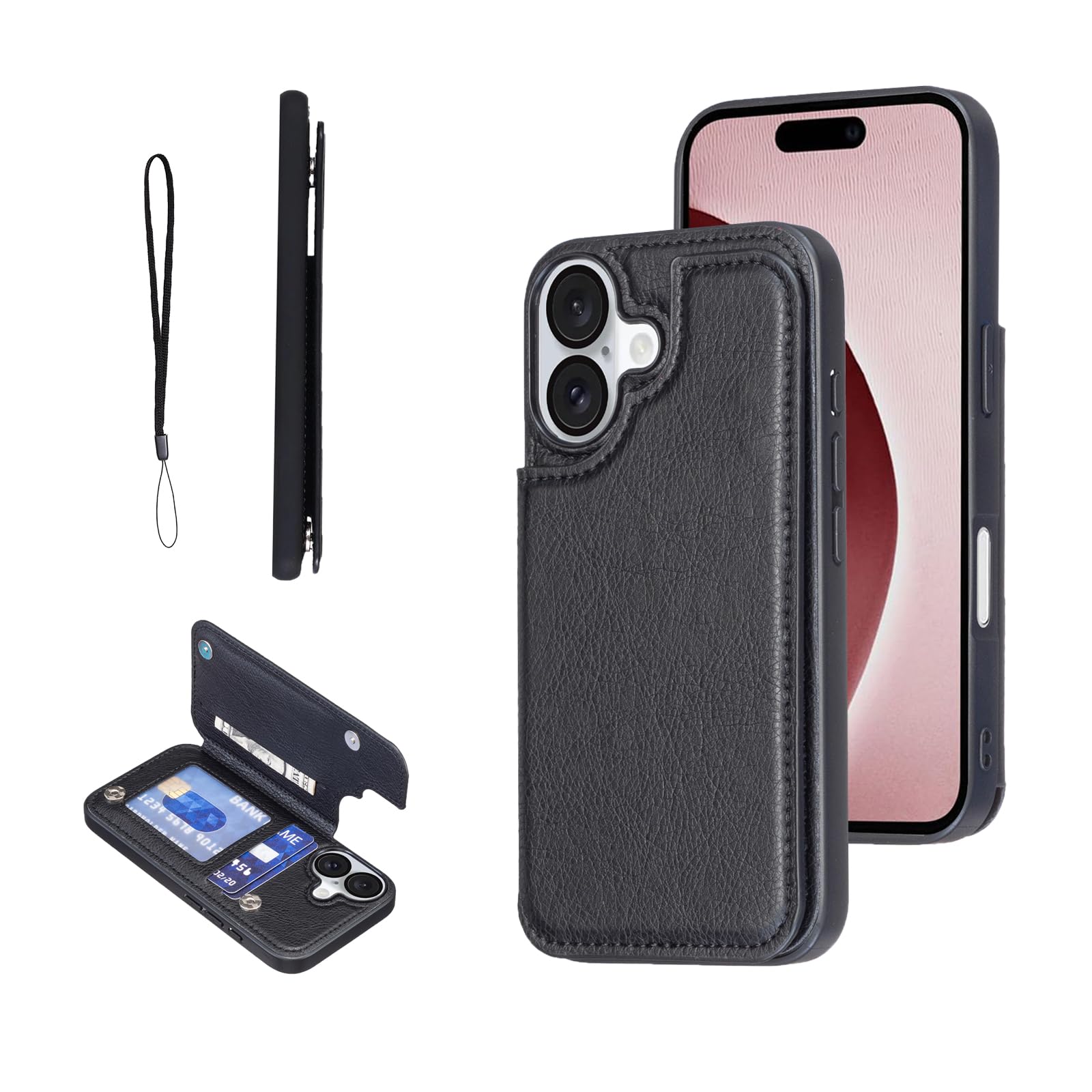 【OULO】iPhone 16 PLUS 6.7 inch 用 ケース レザー 人気 カード収納 スマホケース 耐衝撃 軽量 スタンド機能 薄い 背面 IC カード入れ 手帳型 財布型 カバー（ブラック）アイフォン16プラス 6.7インチ