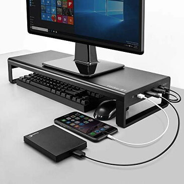 モニター台 机上台 Vaydeer 4 USB 3.0 Hub ハブ充電ポート アルミ ハブモニタースタンド パソコン台 ラップトップコンピュータ用のキーボードマウス収納デスクオーガナイザーノートブックMacBook PC 便利 ブラックオフィス/自宅用,ブラック 黒