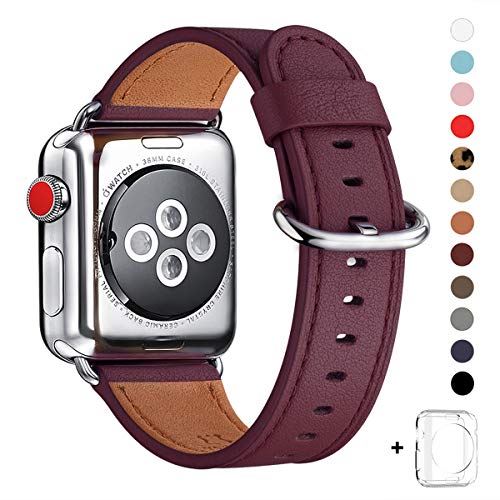 WFEAGL コンパチブル Apple Watch バンド,は本革レザーを使い、iWatch Series 6/SE/ 5/4/3/2/1、Sport、Edition向けのバンド交換ストラップです コンパチブル アップルウォッチ バンド (38mm 40mm, ワインレッド) ワインレッド+シルバー バックル