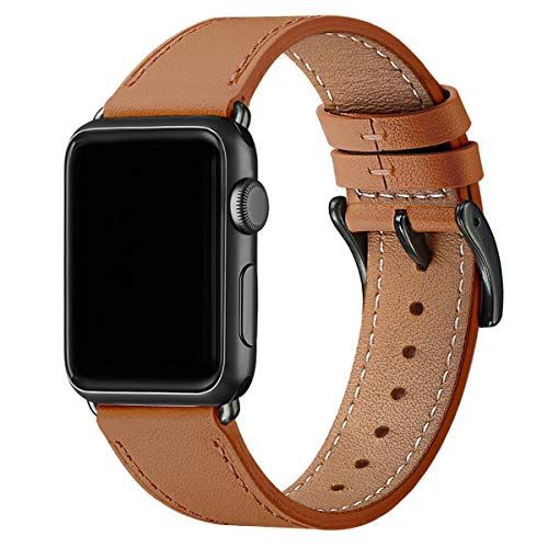 WFEAGL コンパチブル Apple Watch バンド，は本革レザーを使い、iWatch Series 6/SE/ 5/4/3/2/1、Sport、Edition向けのバンド交換ストラップです コンパチブル アップルウォッチ バンド (42mm 44mm， ブラウン バンド+黒 四角い バックル)