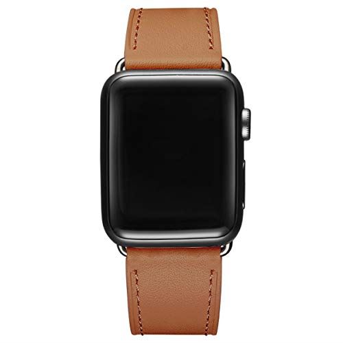 WFEAGL コンパチブル Apple Watch バンド，は本革レザーを使い、iWatch Series 6/SE/ 5/4/3/2/1、Sport、Edition向けのバンド交換ストラップです コンパチブル アップルウォッチ バンド (42mm 44mm， ブラウン バンド+黒 四角い バックル)