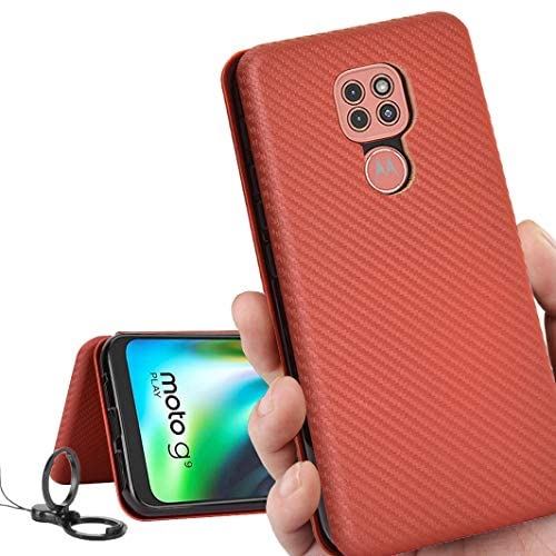 Motorola MOTO G9 play ケース 手帳型 G9play カバー モトローラ G9 プレー カバー G9playケース モトローラ MOTO G9play ケース case 【iCoverCase】 外:炭素繊維 ハードケース カバー 内:TPUケース 耐衝撃 携帯カバー スマホケース 指紋防止 軽量 ストラップ 同梱 ブラウン