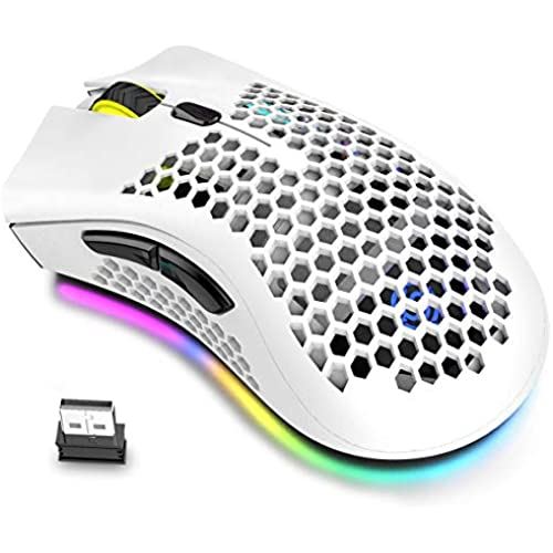 ゲーミングマウス軽量のハニカムシェル?光学RGB LEDバックライト マウス 7キーDPI 調節可能、充電式800mA、USBレシーバーワ、PCゲーミングラップトップ用ゲーミングマウス (白い)