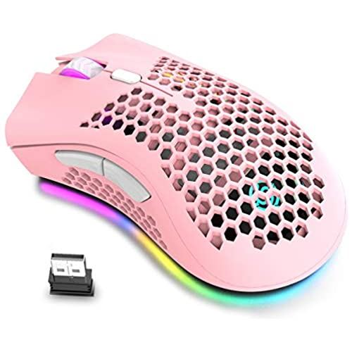ゲーミングマウス軽量のハニカムシェル?光学RGB LEDバックライト マウス 7キーDPI 調節可能、充電式800mA、USBレシーバーワ、PCゲーミングラップトップ用ゲーミングマウス (ピンク)