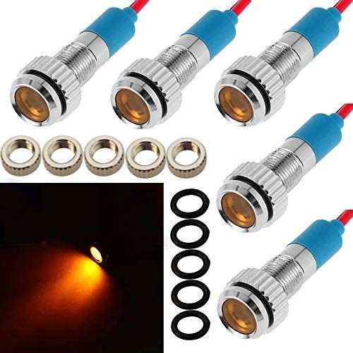 CESFONJER 5個8mm 1/4"LED金属インジケータライト12V防水信号ランプパイロットダッシュ方向性自動車用トラックボートワイヤー付き（黄色）