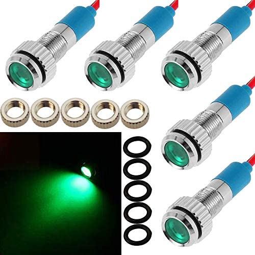 CESFONJER 5個8 mm 1/4"LED金属インジケータライト12V防水信号ランプパイロットダッシュ方向性自動車用トラックボートワイヤー付き（緑色）