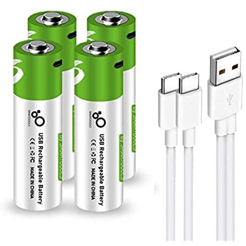 単3形USB充電式リチウム電池1.5V定出力2600mWhAAセル（USB Cケーブル付き）1.5H急速充電 (単三形充電池 x 4個)