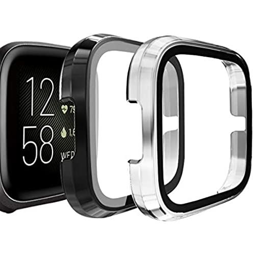 Seltureone 【2個セット】 Fitbit Versa2 充電可能保護ケース PCフレーム 強化ガラスフィルム 一体感 反応速い 着脱簡単 耐衝撃 純正充電器で充電可能 ブラック シルバー